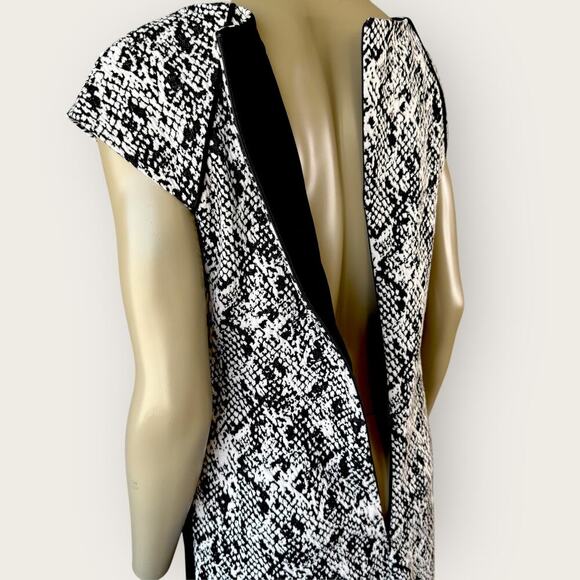 Donna Ricco Cap Sleeve Ruched Waist Sheath Dress Stretch Size 10 Black Abstract - Picture 12 of 16